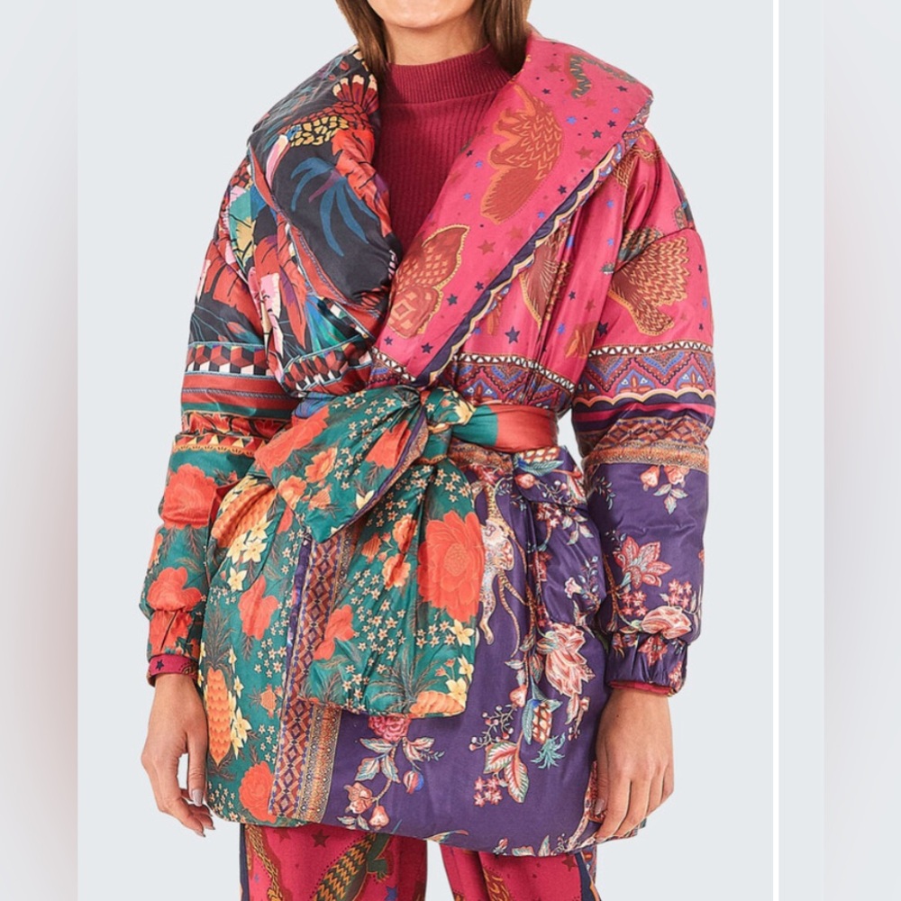 Farm Rio Mixed Scarves Kimono Puffer Jacket in Multi - Picture 2 of 10